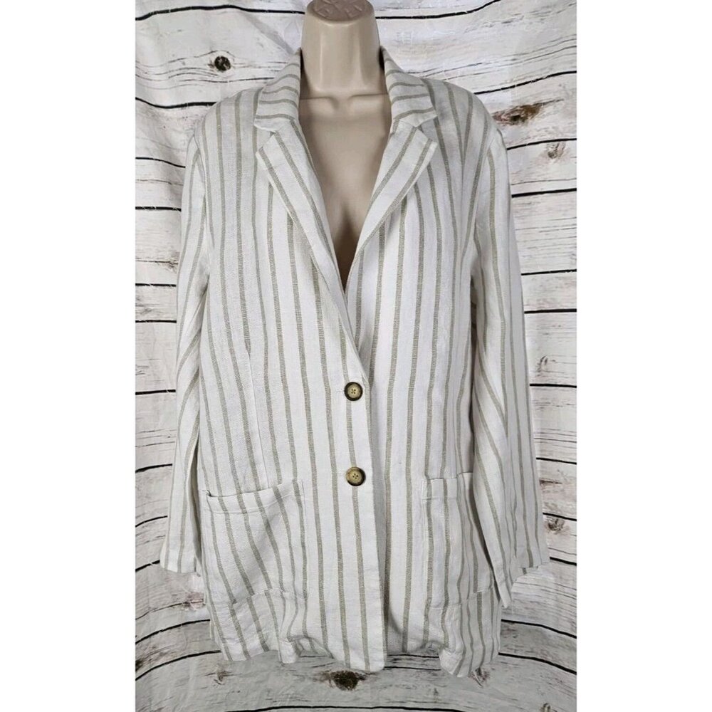 Garnet Hill 100% Linen Striped Blazer Jacket Large NWOT Relaxed Beige Coastal